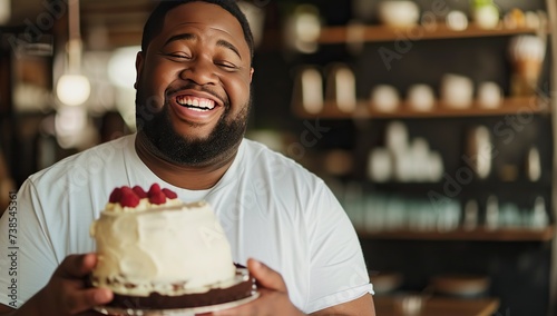 Adult dark-skinned man happily smiling while holding a cake. The concept of pleasure and celebration.
