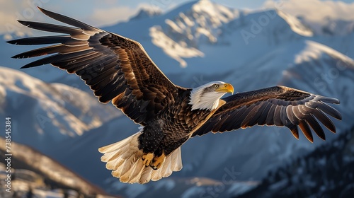 A powerful bald eagle soars with outstretched wings against a backdrop of snow-capped mountains.