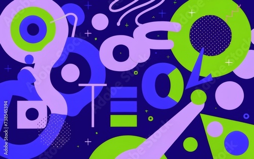 1990s-themed scene with lively abstract shapes, capturing the essence of the decade in vibrant tones of blue, purple, and lime green.