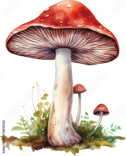 red mushroom watercolor illustration isolated on white transparent background.
