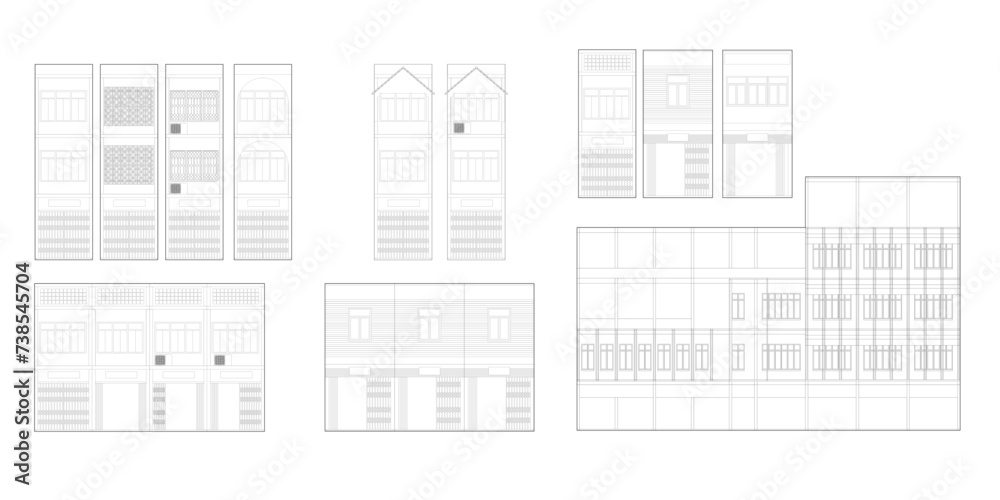 Row house, building, Architectural Drawings, Minimal style cad building line drawing, Side view, set of graphics trees elements outline symbol for landscape design drawing. Vector illustration - obrazy, fototapety, plakaty 