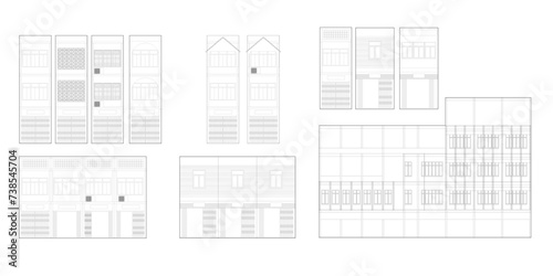 Row house, building, Architectural Drawings, Minimal style cad building line drawing, Side view, set of graphics trees elements outline symbol for landscape design drawing. Vector illustration photo