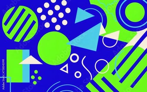 Vibrant 1990s-themed image with dynamic abstract shapes  capturing the essence of the decade in shades of blue  purple  and lime green. 