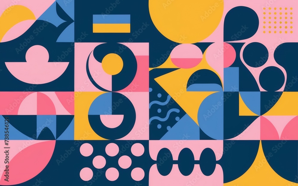 Visual that embodies the lively aesthetics of the 1990s, showcasing bold abstract shapes and a color palette rich in pink, yellow, and blue. 