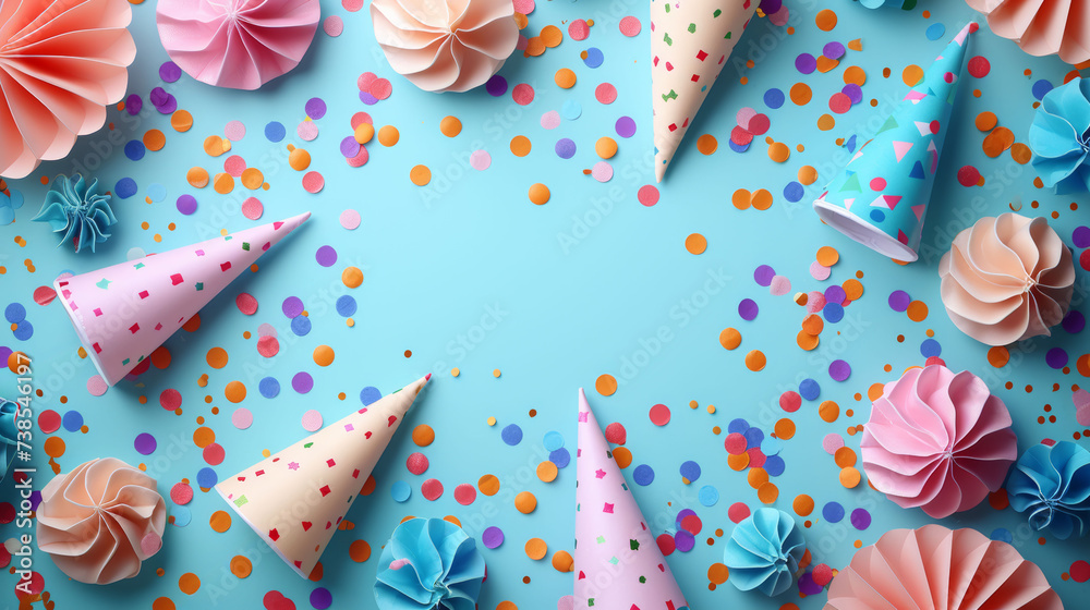 Fototapeta premium Party hats, confetti, and meringues on a blue background with birthday celebration theme.