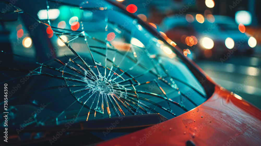 Car glass broken in cracks, abstract background.
