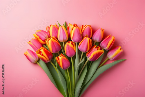 Bouquet of Pink and Yellow Tulips on Pink Background