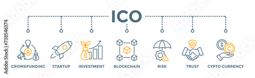 ICO banner web icon vector illustration concept of initial coin offering with icon of crowdfunding, startup, investment, blockchain, risk, trust and cypto currency