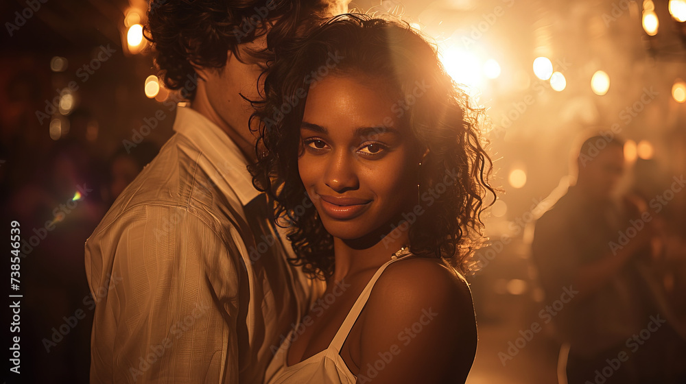 Embrace love's radiance as dark-skinned lovers share a date night. Illuminated by affection, their connection sparks joy, weaving a beautiful story of togetherness.