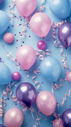 Celebration background with colorful balloons, confetti, and streamers on blue.