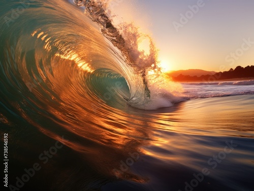 A wave breaking on the shore at sunset. Generative AI.