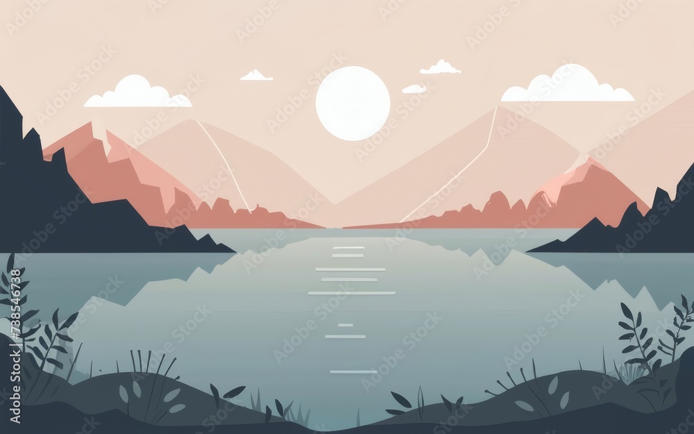 A minimalistic background of a calm lake, emphasizing simplicity through clean lines and neutral hues. 