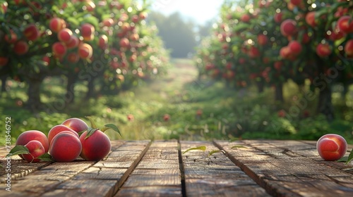 Empty rustic old wooden board table copy space with peach trees or an orchard in the background. Some ripe fruits are on the desk. Product display template.