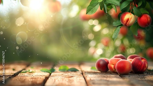 Empty rustic old wooden board table copy space with peach trees or an orchard in the background. Some ripe fruits are on the desk. Product display template.