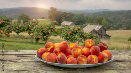 Empty rustic old wooden board table copy space with peach trees or an orchard in the background. Some ripe fruits are on the desk. Product display template.