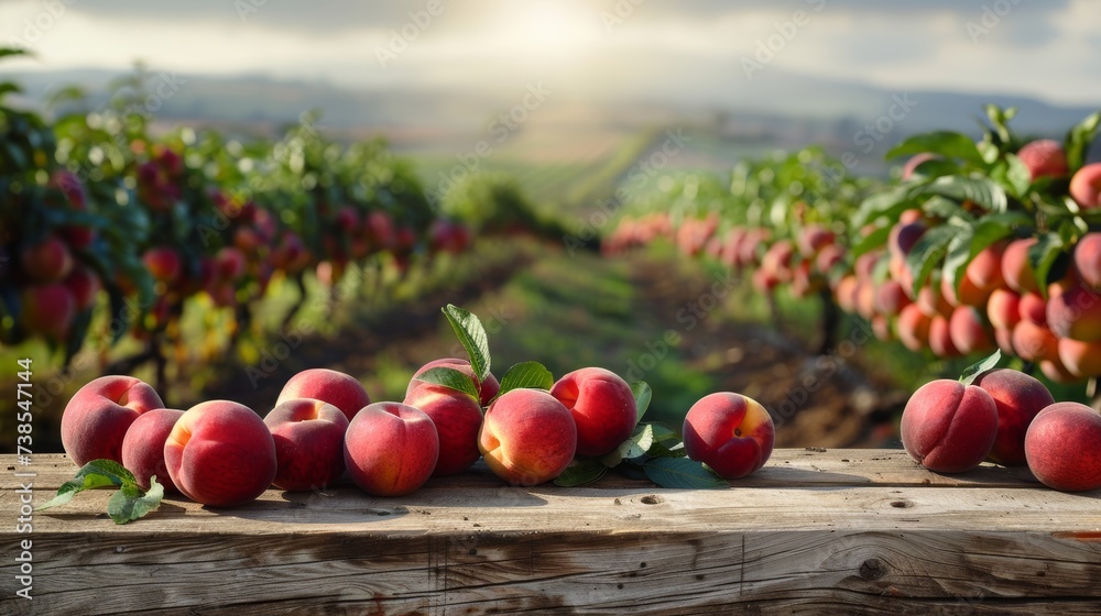 Empty rustic old wooden board table copy space with peach trees or an orchard in the background. Some ripe fruits are on the desk. Product display template. Empty rustic old wooden board table copy space with peach trees or an orchard in the background. Some ripe fruits are on the desk. Product display template.