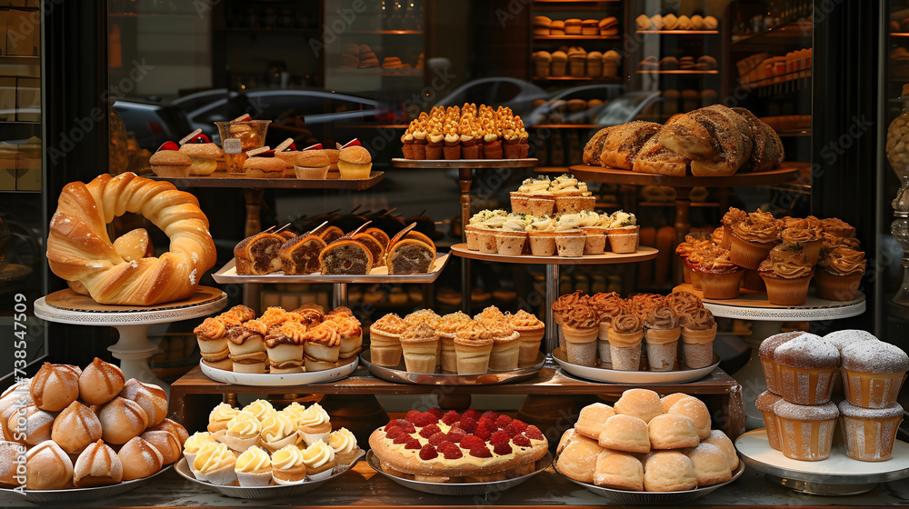 A bakery case filled with a variety of breads and pastries.