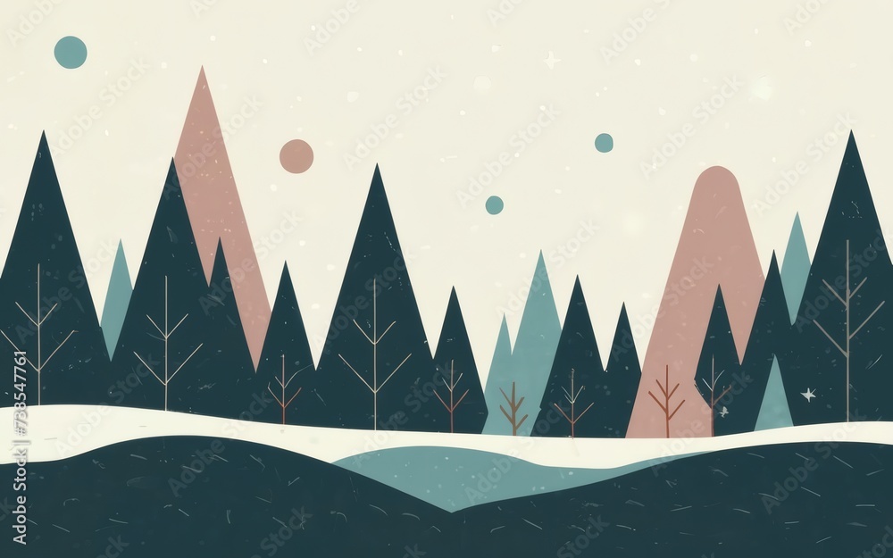 A minimalistic image of a snowy forest, featuring sleek lines and muted colors to capture the simplicity of winter. 