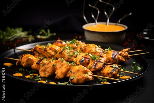 delicious chicken satay on a black plate with a black background