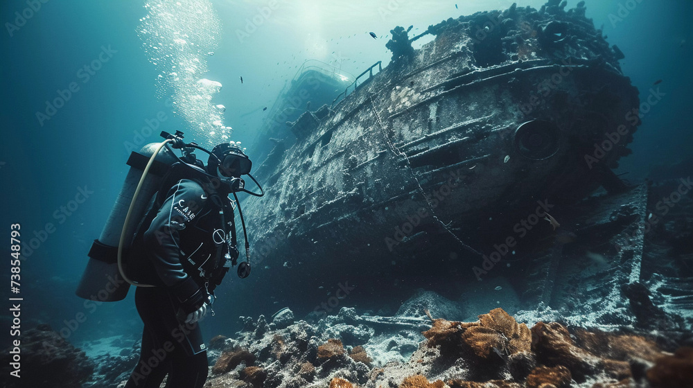 Scuba diver explores a shipwreck teeming with fish in the deep blue sea - obrazy, fototapety, plakaty 