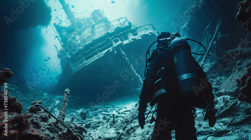 Wallpaper Mural Scuba diver explores a shipwreck teeming with fish in the deep blue sea Torontodigital.ca