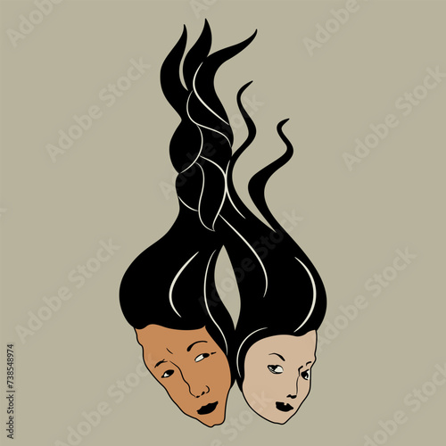 Heads of a man and a woman with their hair braided together. Lovers symbol. 