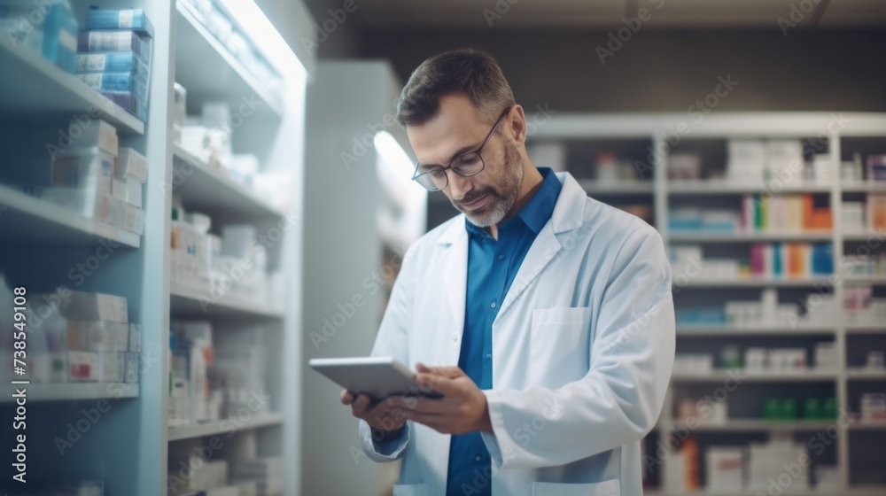 A handsome professional male pharmacist uses a digital tablet computer, checks the availability of medicines at the pharmacy. Modern technologies, Health products, Healthcare concepts.