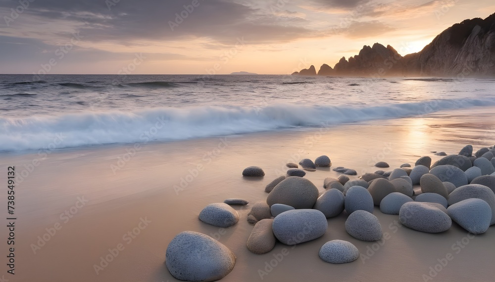 evening beach view with rocks and waves brushing the sand