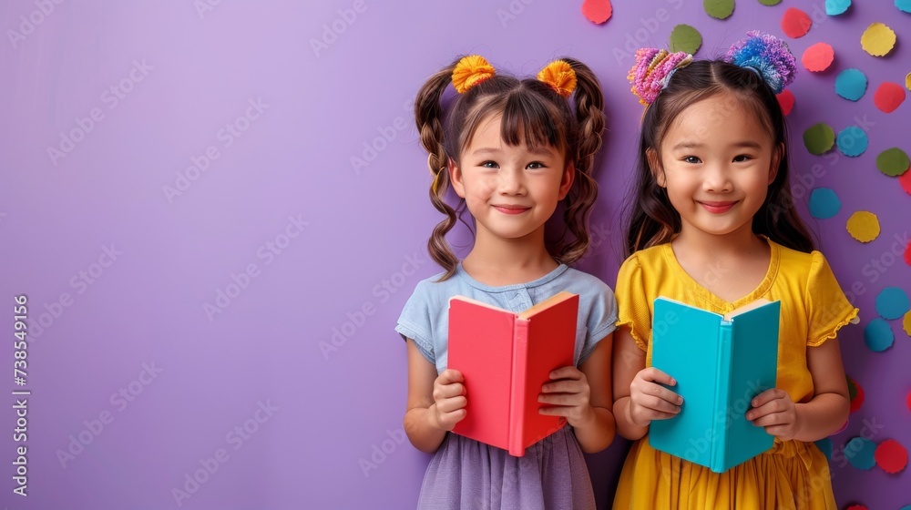 happy kids holding books - education concept studio portrait on purple background