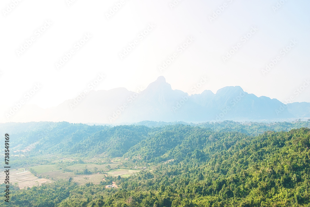 
Vang Vieng , Laos : 16 Feb 2024 :Beautiful scenery from Nam Xay viewpoint, Vang Vieng, Laos. During the dry season in Laos.