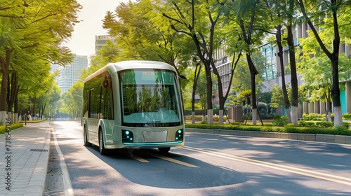 An electric autonomous shuttle bus moves along a tree-lined city street, representing a step towards sustainable urban transportation.