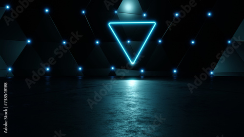 3D rendering creates abstract glowing neon triangles in a dark room