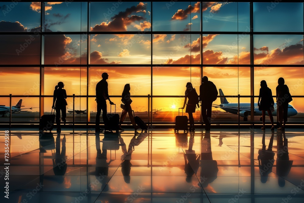 Silhouette of travelers with luggage at airport terminal during sunset.