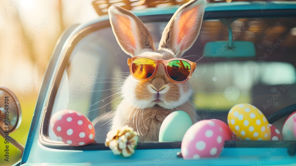 Cute Easter Bunny with sunglasses looking out of a car filed with easter eggs,