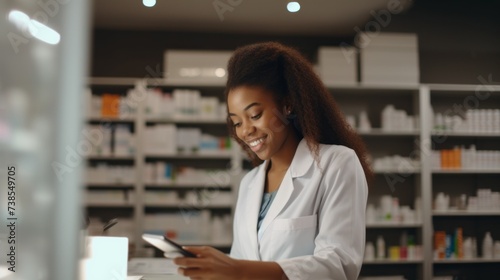 A smiling, confident African-American female pharmacist using a digital tablet computer checking drug stocks at a pharmacy. Medical customer care, Healthcare, Health and youth products.