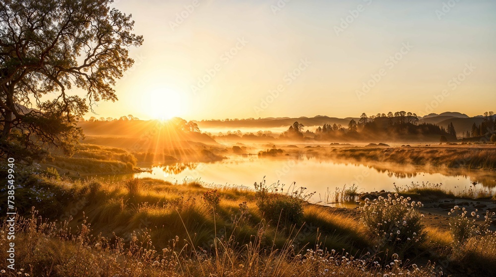 Sunrise Over Misty River and Flowering Meadows
Sunrise Over Misty River and Flowering Meadows