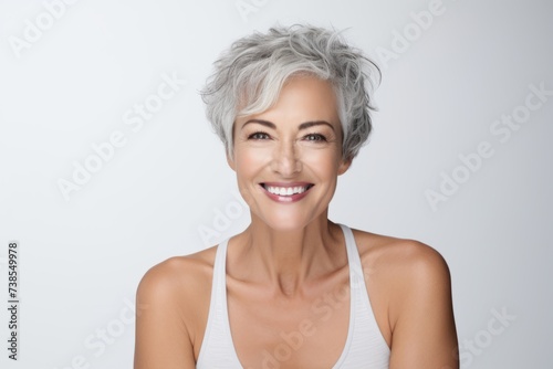 Portrait of happy mature woman with grey hair and beautiful smile.
