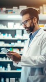 A professional pharmacist uses a digital tablet computer, checks the availability of medicines, medicines, vitamins, and health products at the pharmacy. Healthcare, Medicine, Pharmaceuticals concepts
