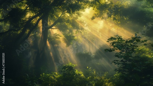 Sunlit Forest Serenity - A sun-drenched forest awakens with vibrant life as rays of light warm the lush foliage.