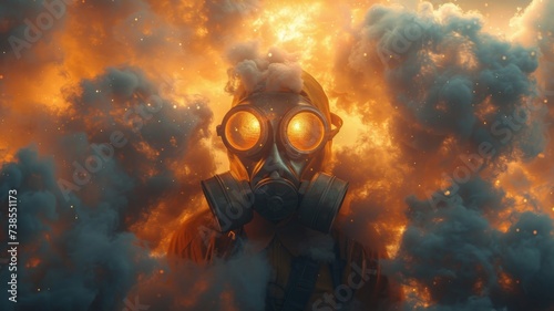 Gas mask Fire Clouds - Man in Gas mask surrounded by vivid orange clouds, signifying the exploration of unknown realms. The diver's mask reflects the fiery environment, creating a sense of wonder. photo