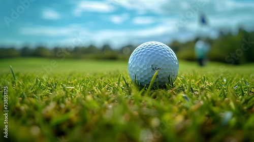Close-up golf ball on the field, golf ball on green grass
