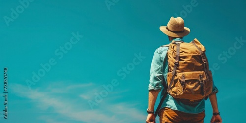 Adventurous Traveler with Backpack, Sky Blue Background symbolizing Freedom