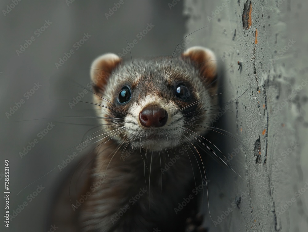 Fototapeta premium Curious Ferret Peeking, Light Grey Blur for Minimalist Elegance