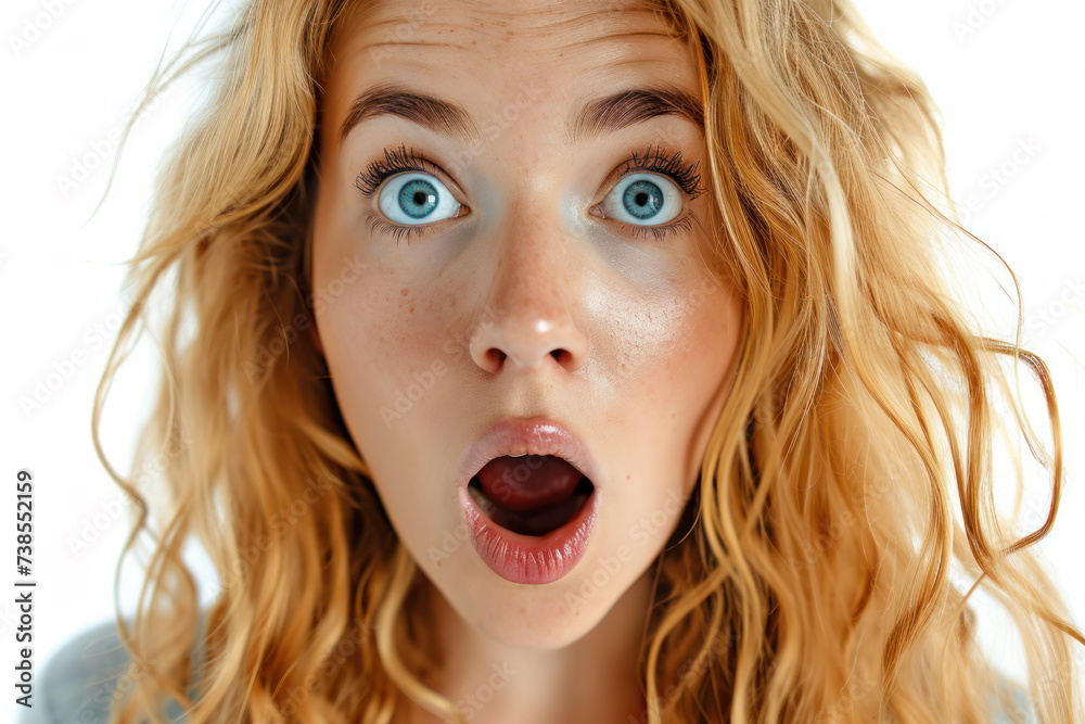 Surprised young woman with wide eyes and open mouth. Human emotions. Surprised young woman with wide eyes and open mouth. Human emotions.