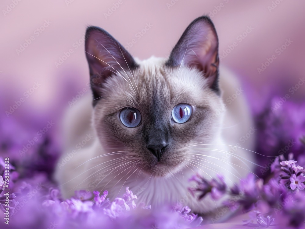 Elegant Siamese Cat with Piercing Blue Eyes, Soft Lavender Background