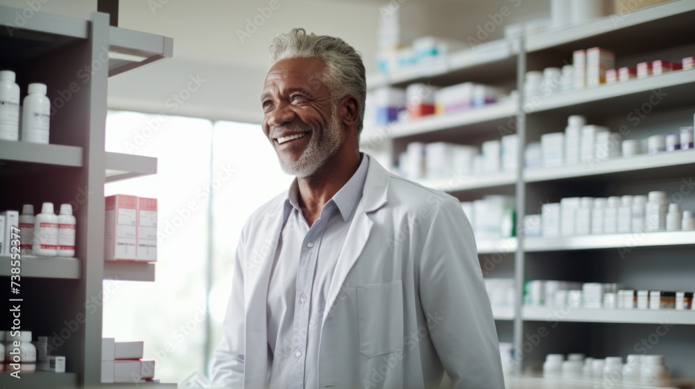 A professional happy confident black senior male medical worker, pharmacist works in a pharmacy. Health Care, Profession, Health and Youth products concepts.