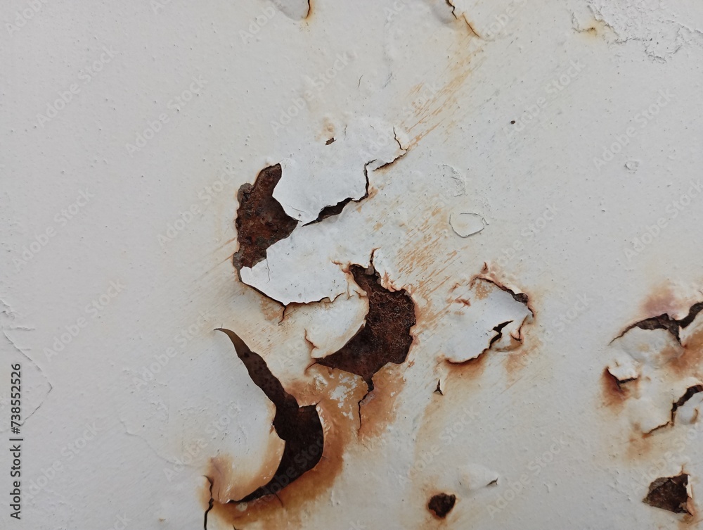 Texture of old white paint on rusty metal. The old paint has peeled off ...