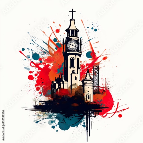 abstract paint splashes digital art of a clock tower for t-shirt design