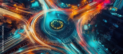 Nighttime aerial view of a busy roundabout intersection with fast-moving traffic. Urban circular crossroads with blurred car lights during rush hour.