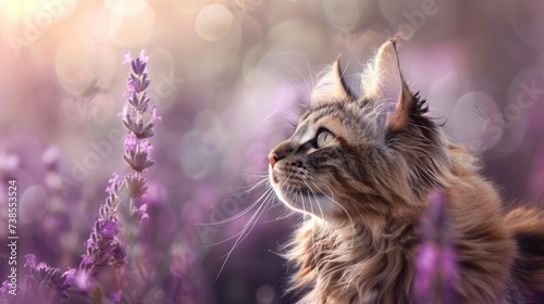 Calmness is portrayed through a Majestic Maine Coon Cat against a Serene Lavender Background